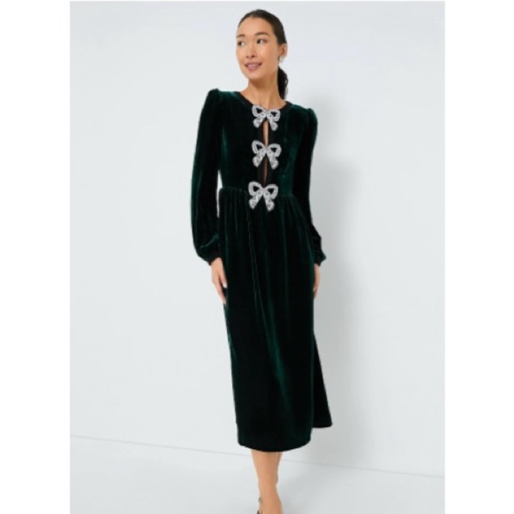 Brand new w/ tags $695 Saloni Racing Green  Velvet Dress w/ Bows Size 8 Pristine